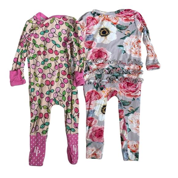 Posh Peanut Floral & Cherry Sleeper Pajama Size 0-3 Months Set of (2) - Picture 2 of 4